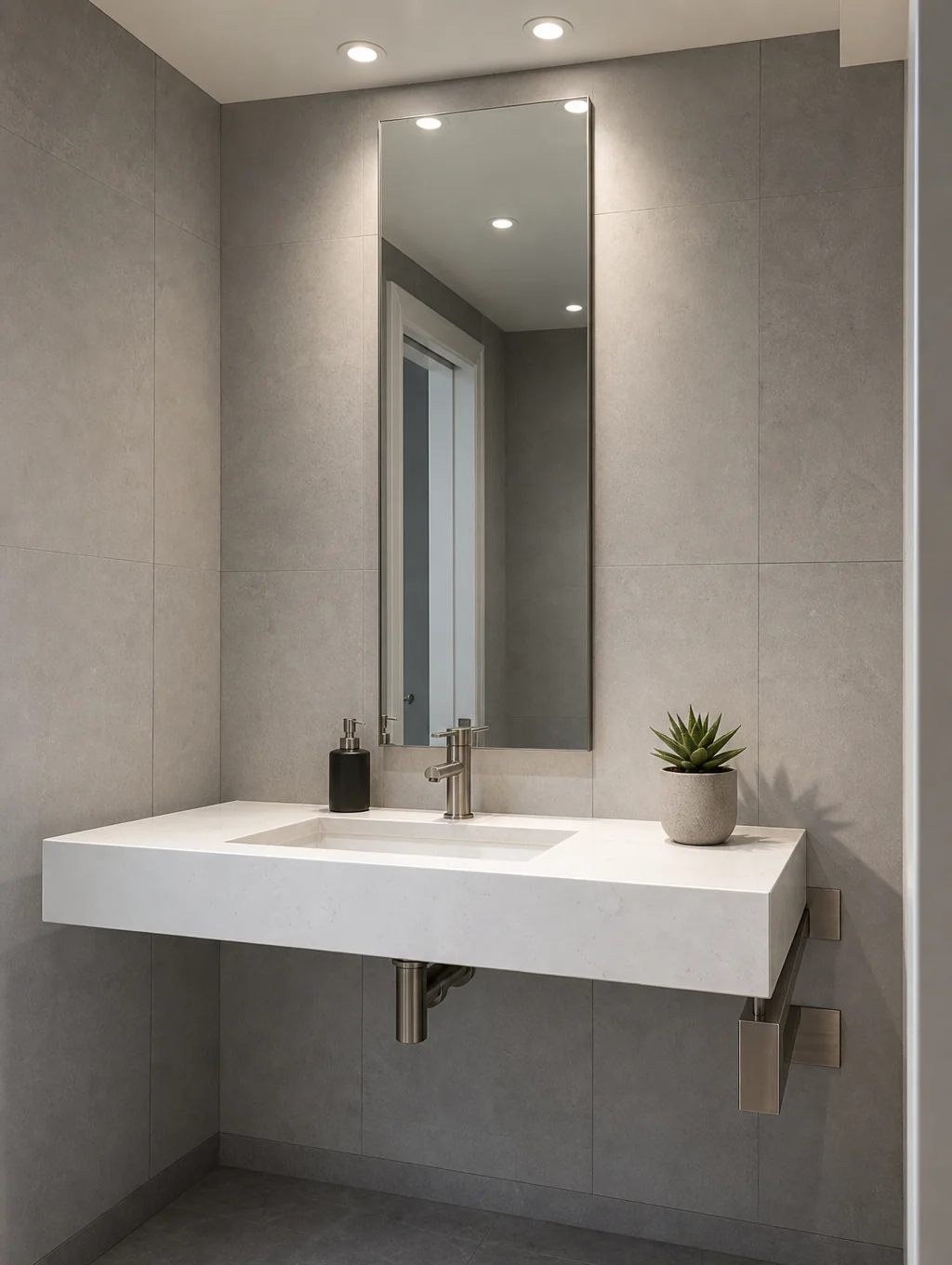 Custom walnut bathroom vanity with marble countertop in an Irvine master suite