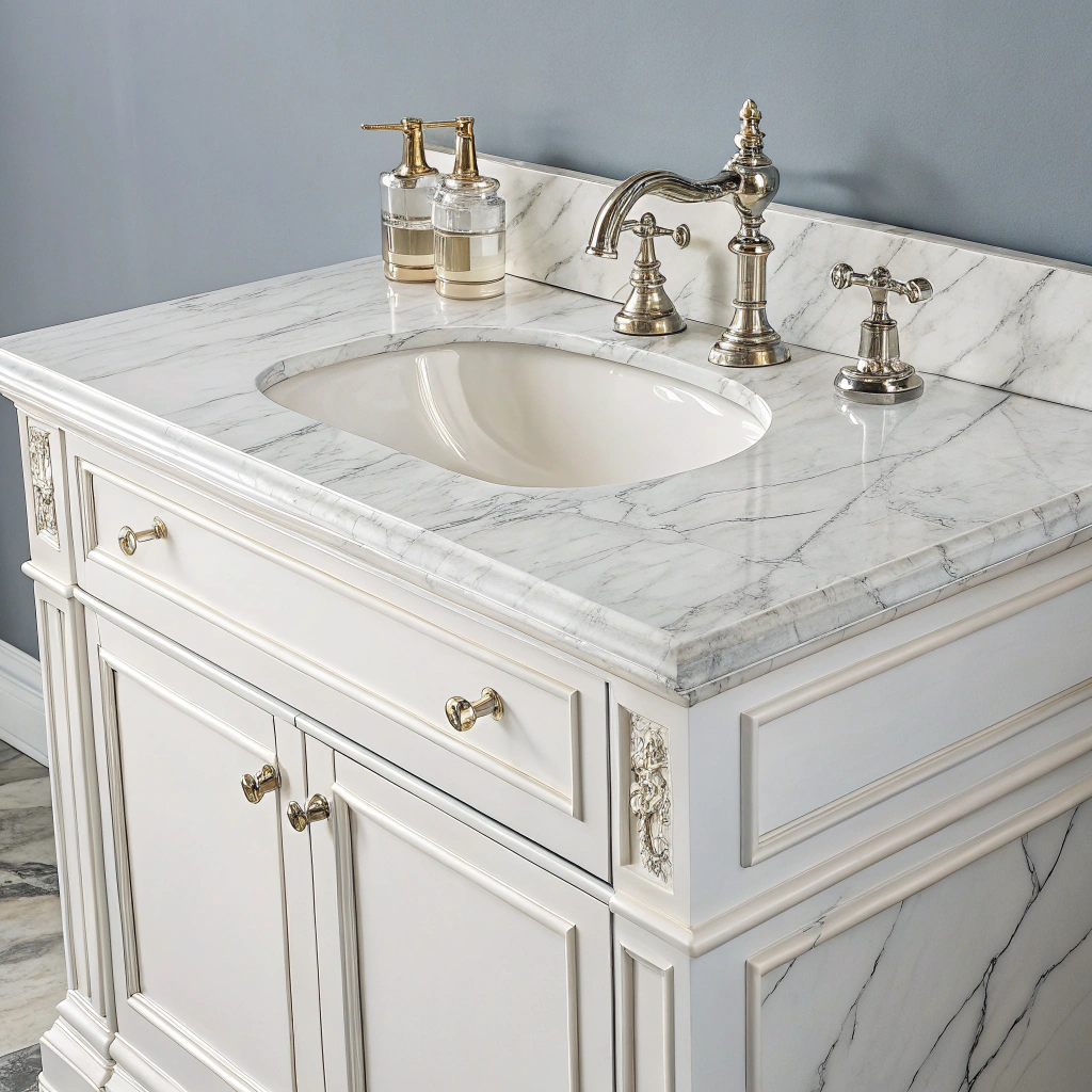 Walnut wood bathroom vanity with marble countertop