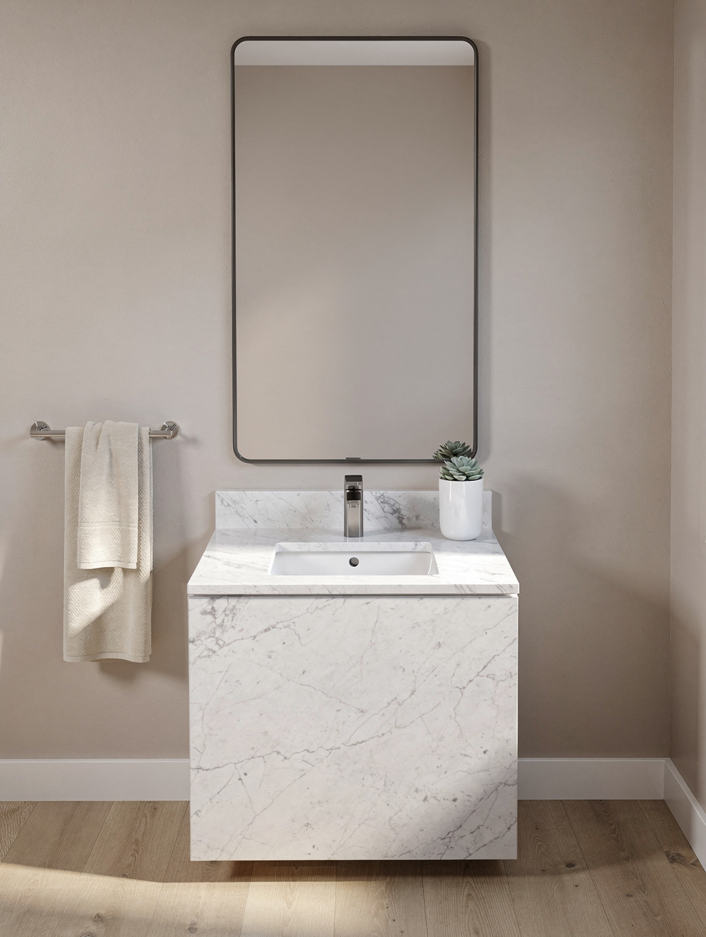 Elegant bathroom vanity with custom storage solutions