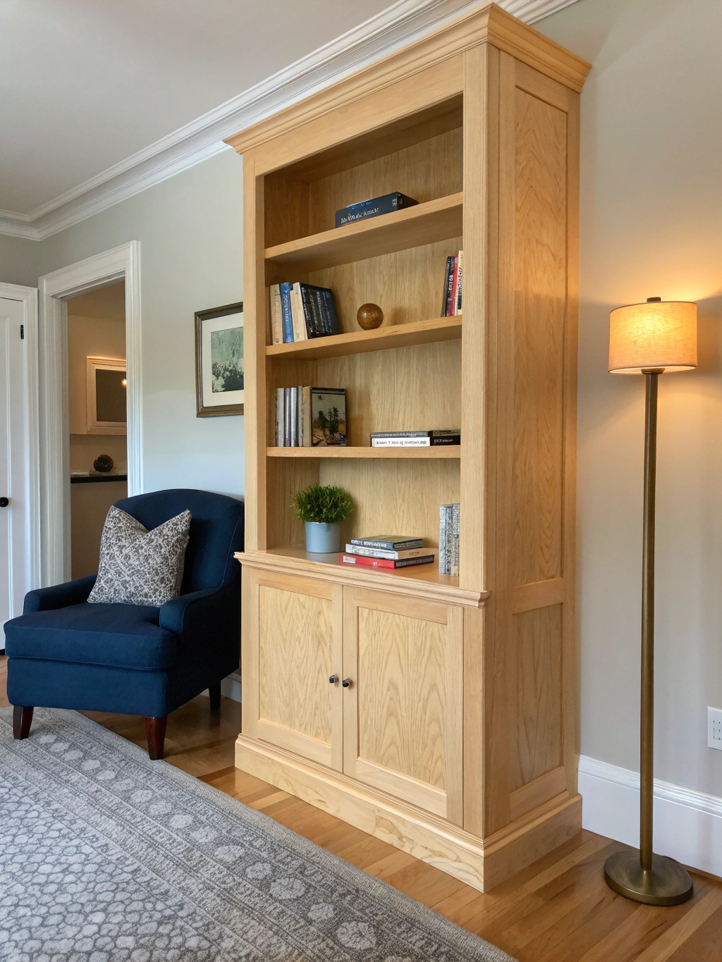 Custom built-in shelving unit in a living room with walnut accents