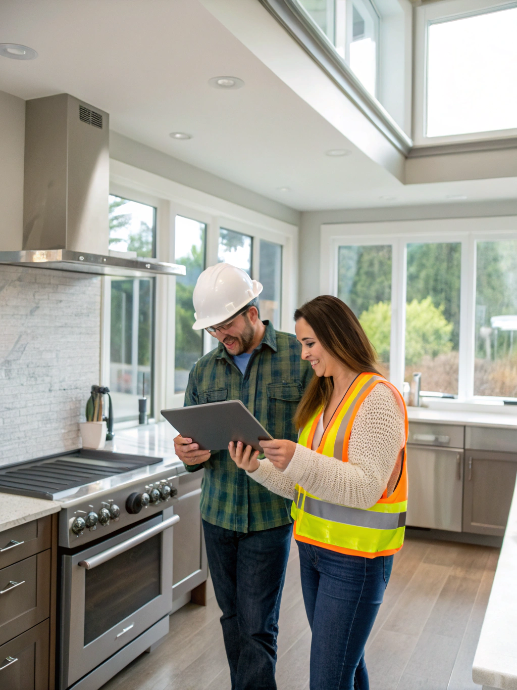 Designer discussing cabinet plans with homeowner during consultation