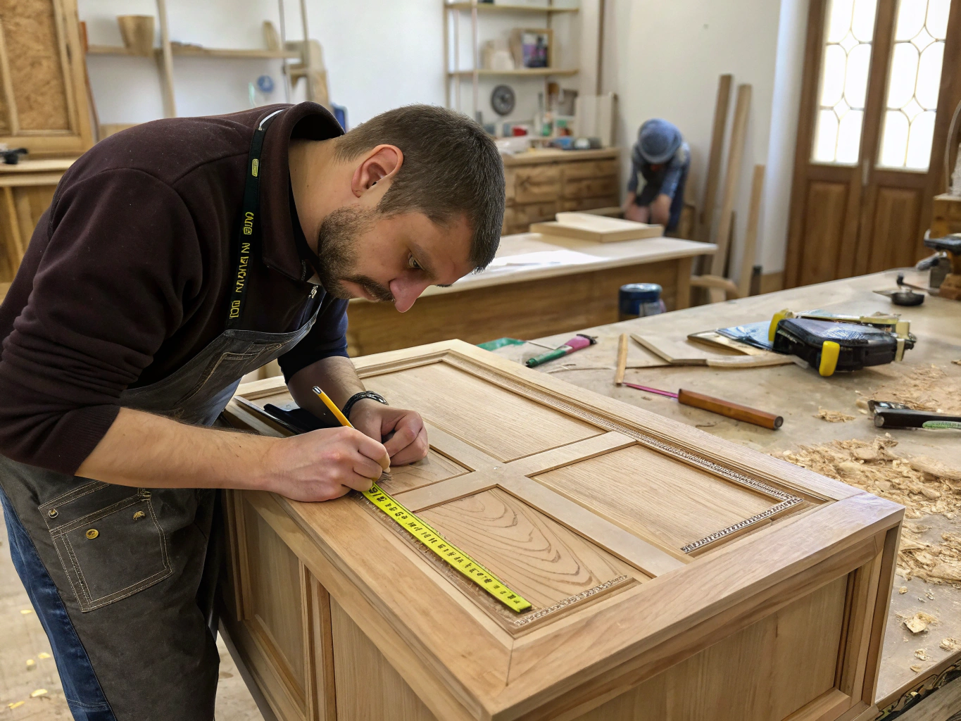 Craftsman using precision tools to assemble custom kitchen cabinet frames