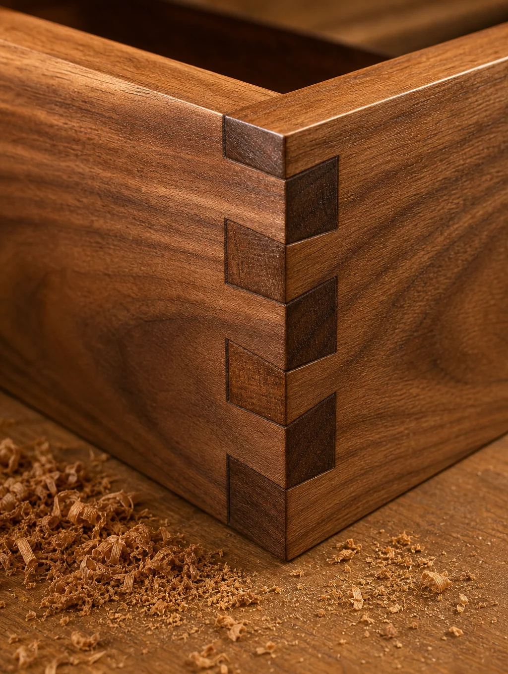 Close-up of precision dovetail joinery on a solid walnut drawer box