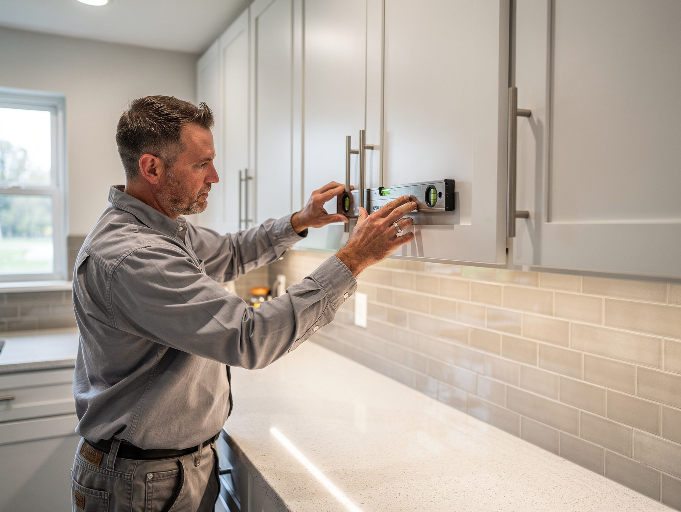 Professional installer fitting custom kitchen cabinets in a home