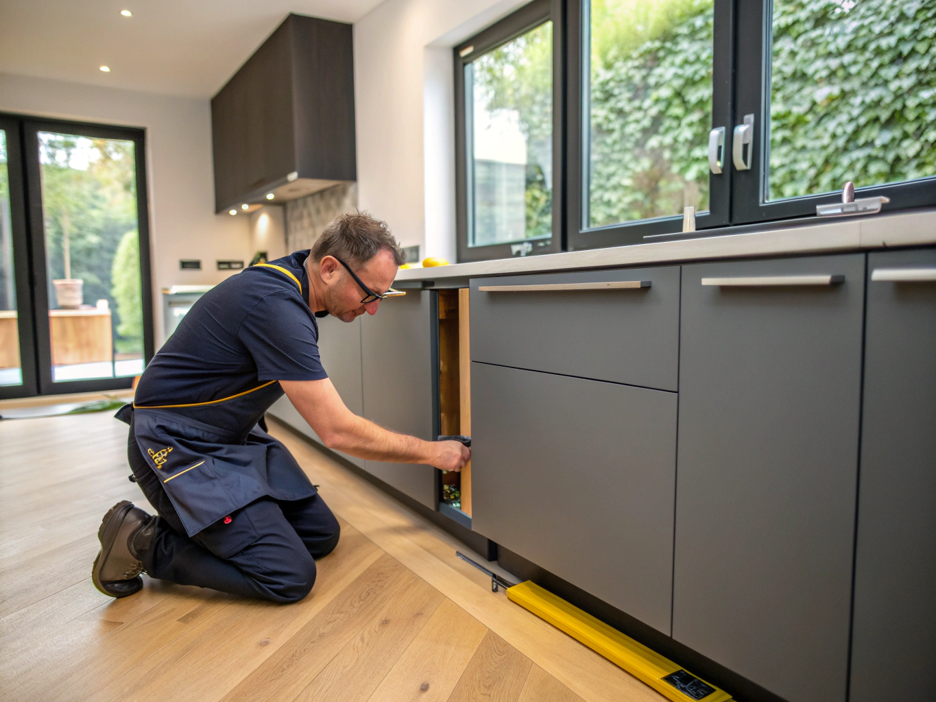 Master carpenter installing custom kitchen cabinets