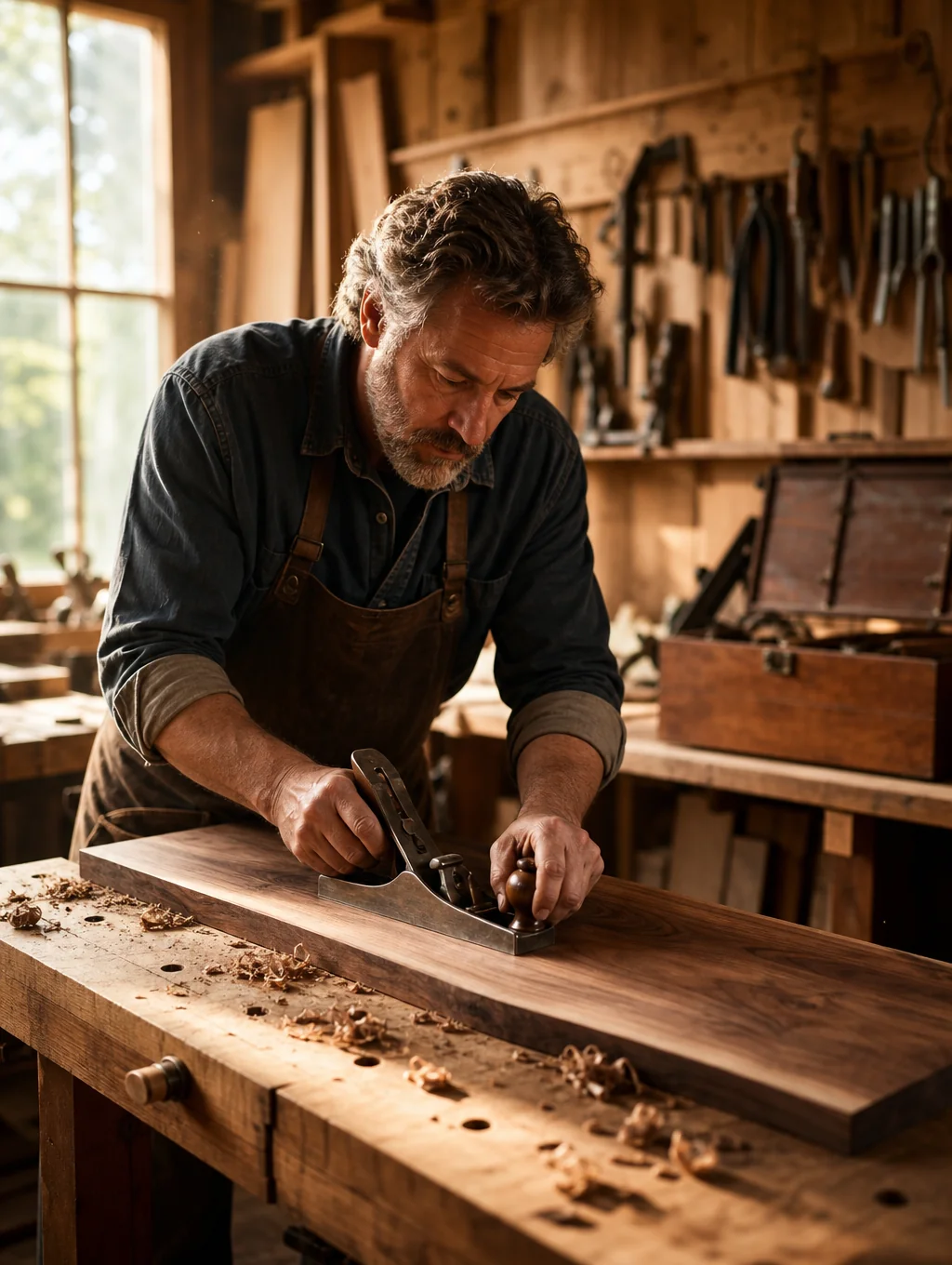 Professional cabinet maker inspecting custom wood finish in workshop