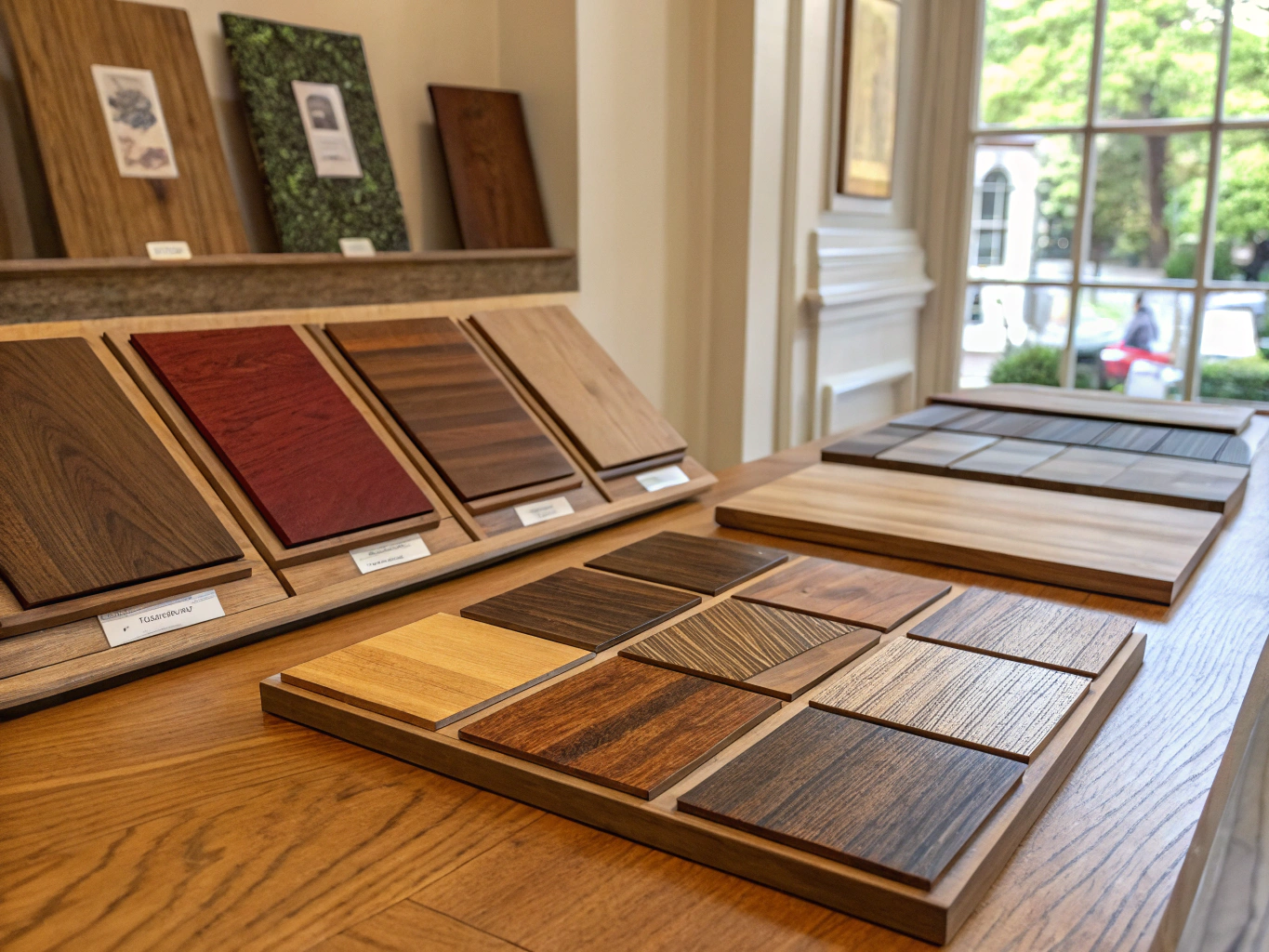 Selection of premium hardwood samples for custom kitchen cabinets