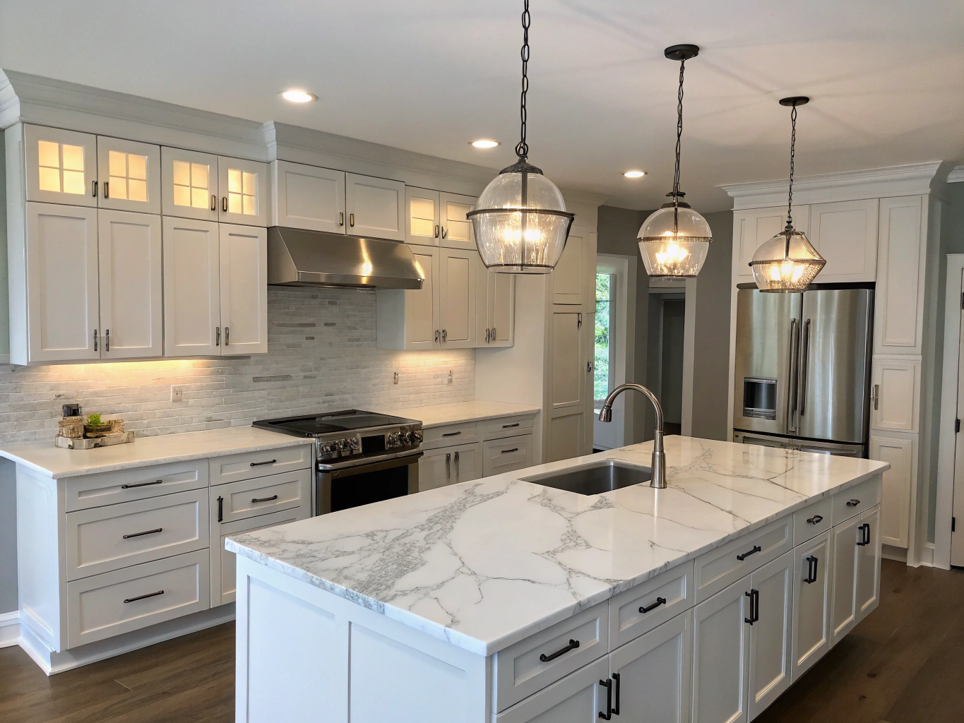 Custom bathroom vanity with sleek hardware and marble countertop