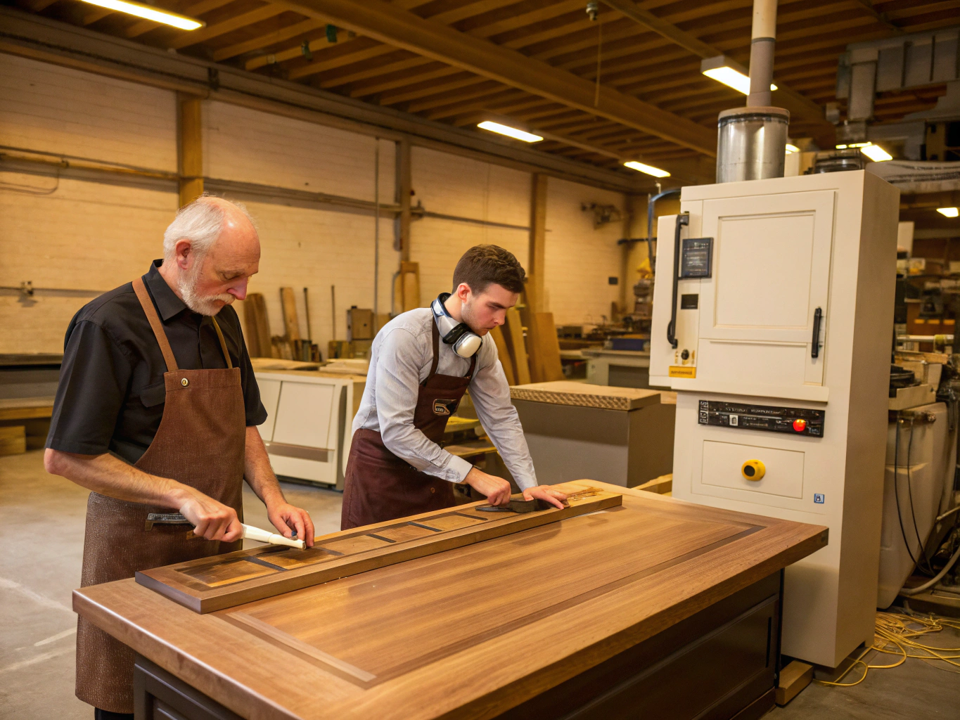 Craftsman working on custom cabinet joinery in a professional workshop