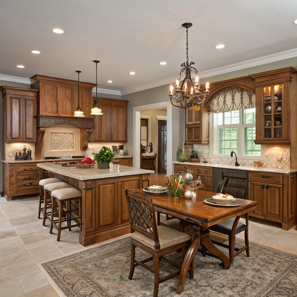 Traditional kitchen with crown molding and glass doors