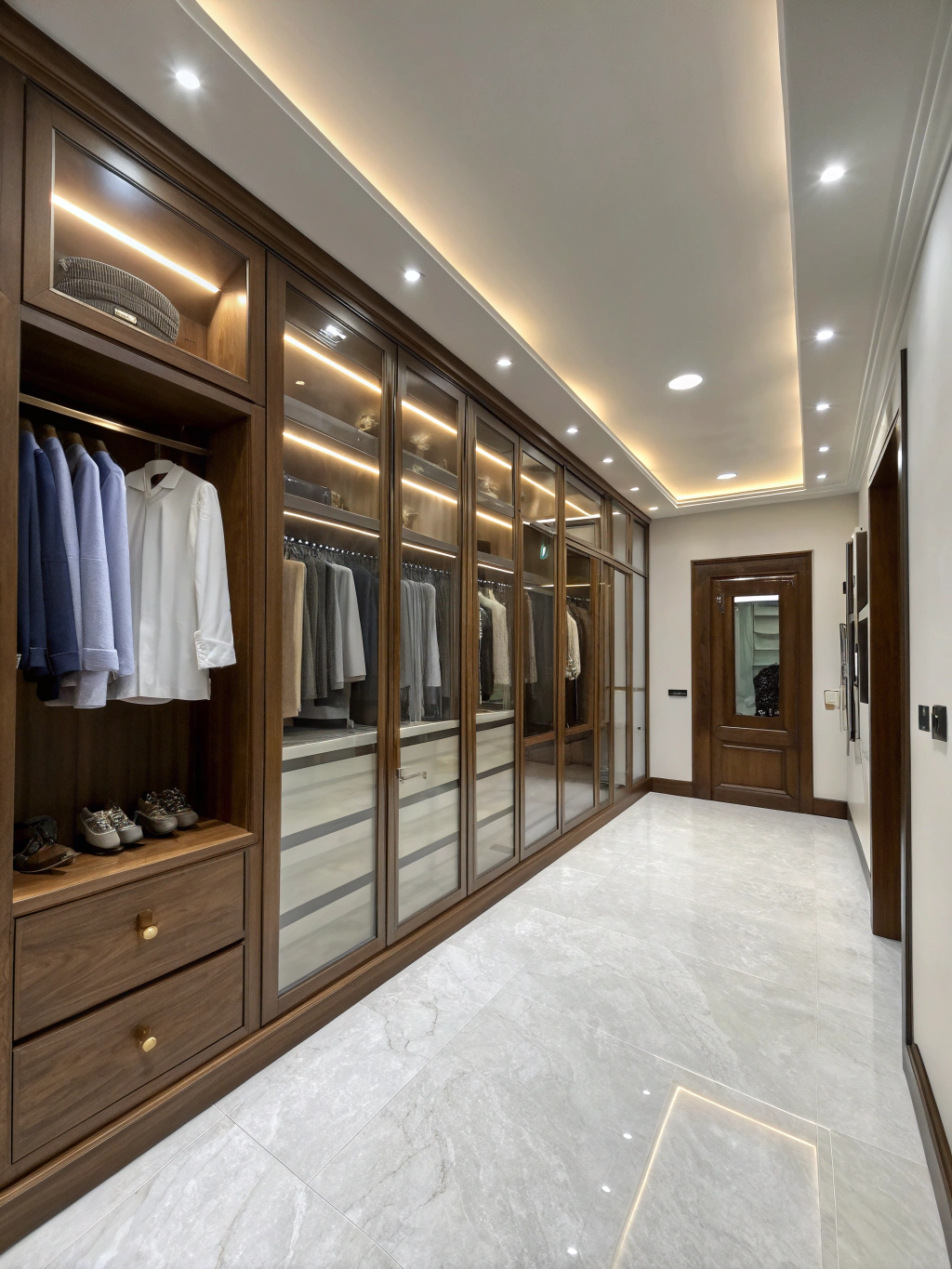 Custom walk-in closet system with organized shelving and drawers