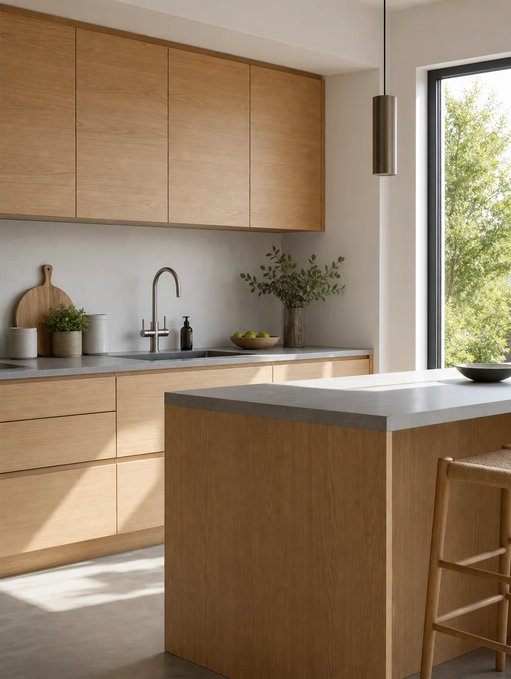 Custom white oak kitchen cabinets with matte black hardware