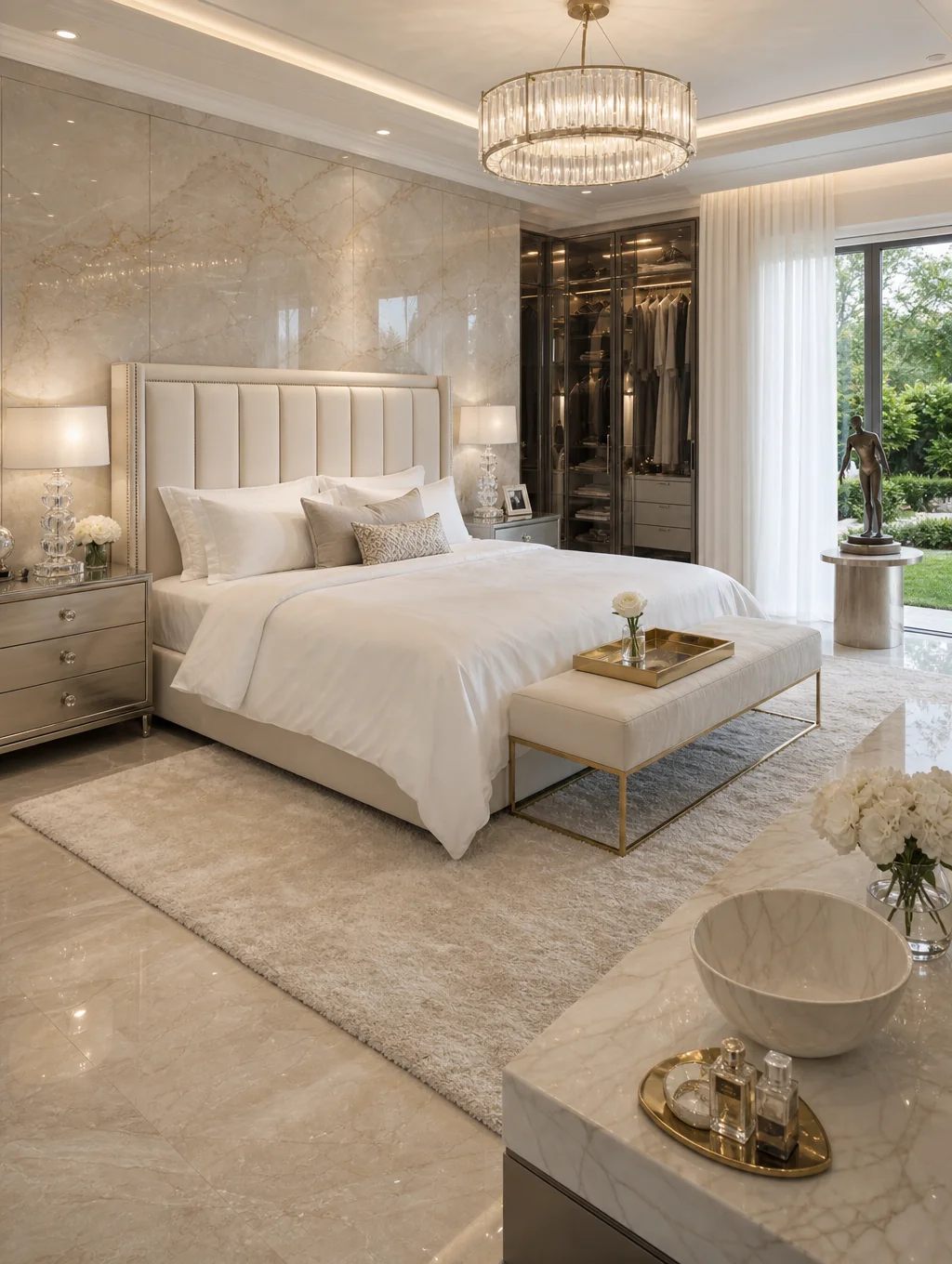 Custom bedroom wardrobe system with glass panel doors