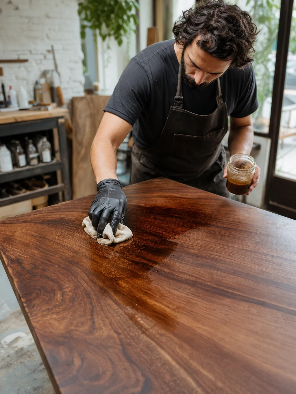 Master craftsman applying a walnut finish to a custom cabinet door