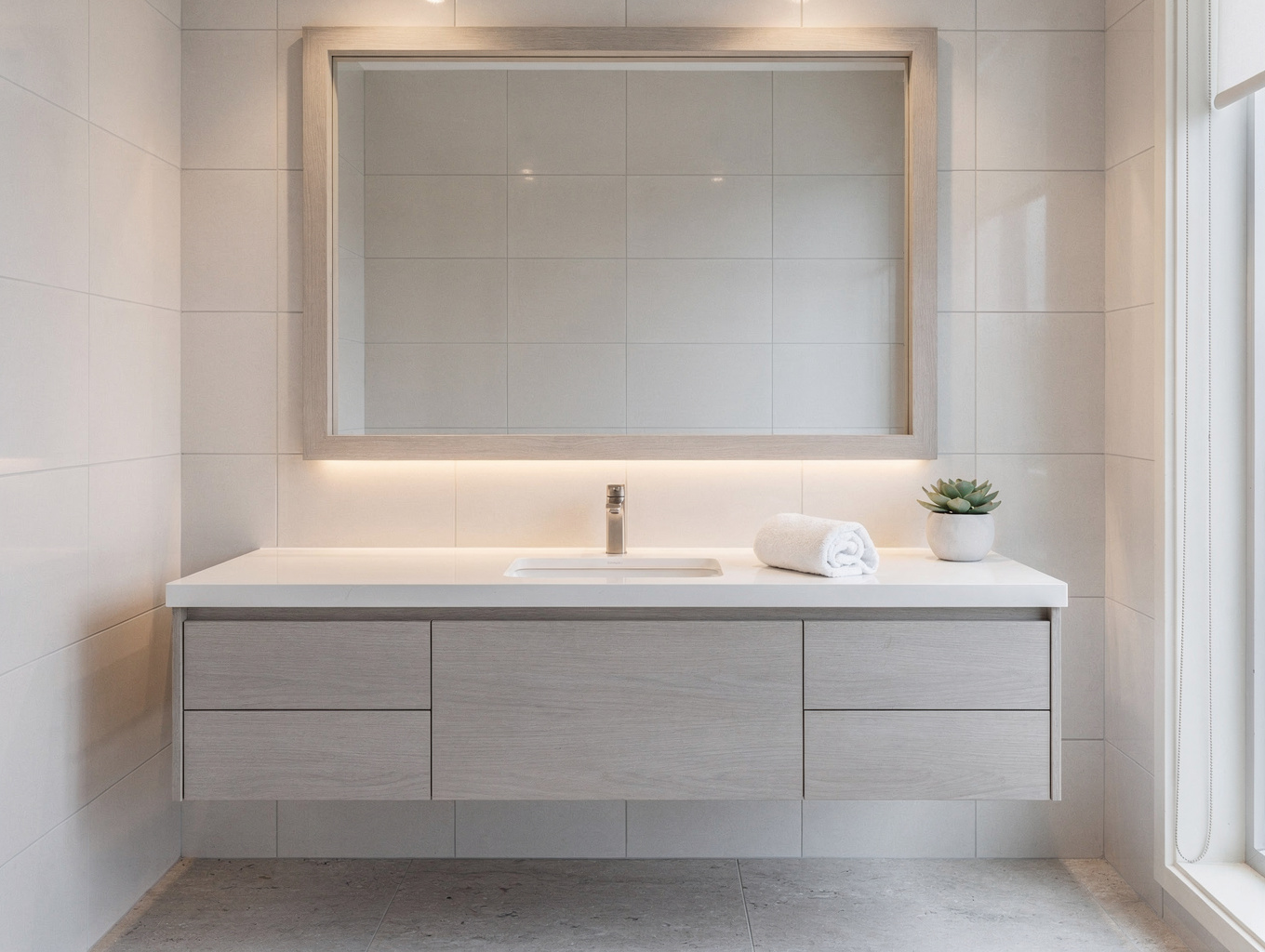 Elegant custom bathroom vanity with marble countertop and storage