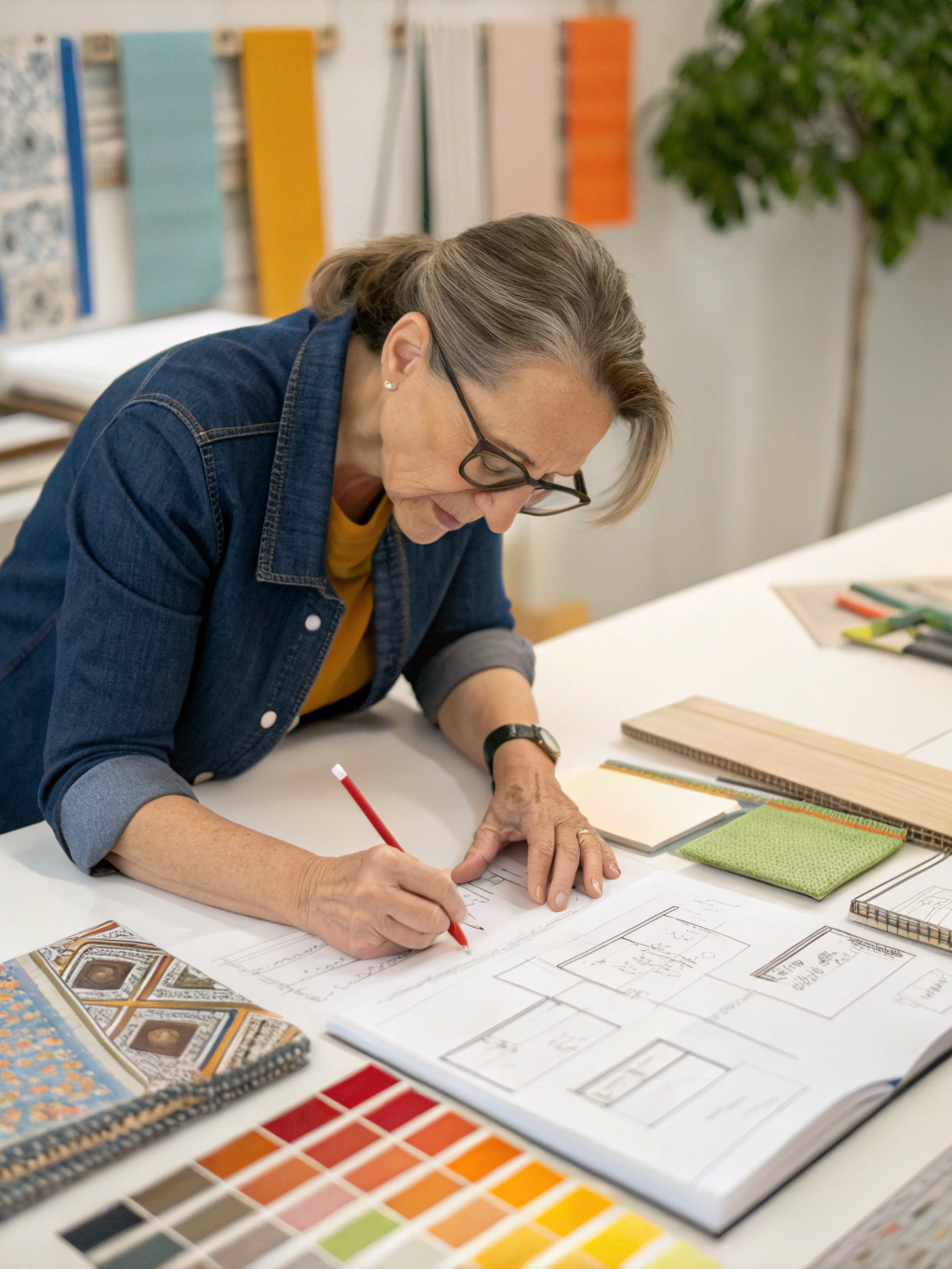 Designer reviewing custom cabinet layout plans in a modern kitchen