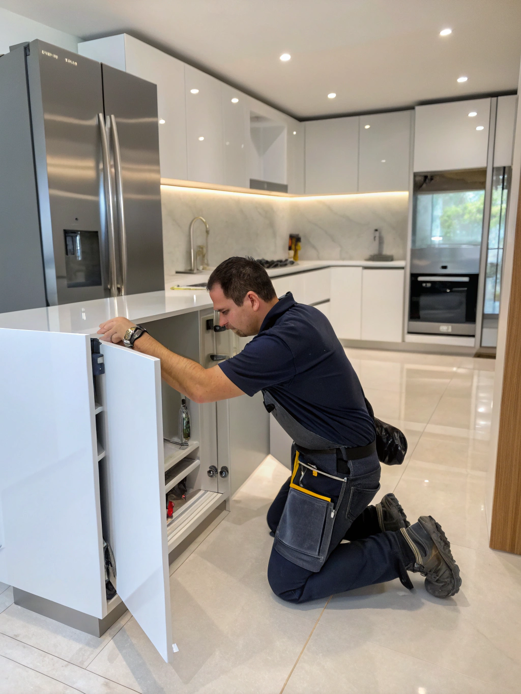 Professional cabinet installer fitting custom kitchen cabinetry in a Southern California home