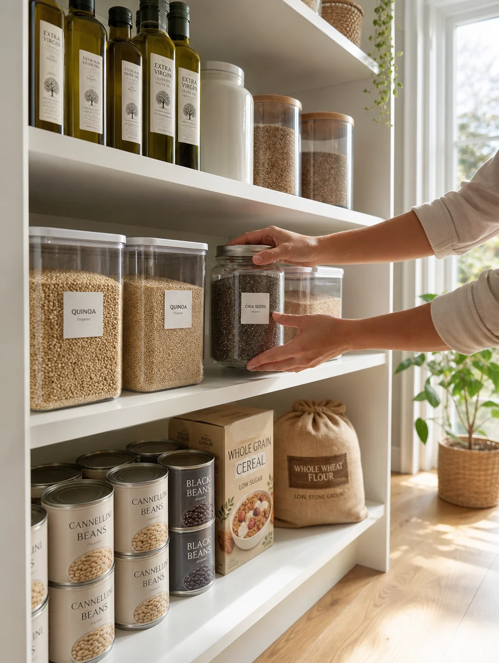 Custom built-in kitchen pantry storage with organized shelving and walnut trim