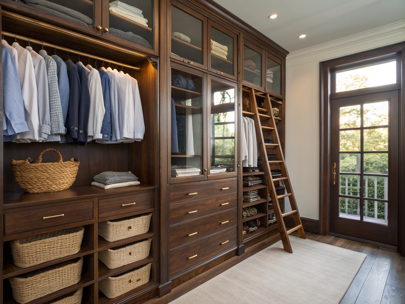 Custom walk-in closet wardrobe storage system with wooden shelving