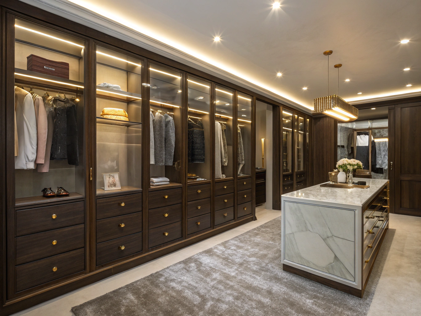 Luxurious custom closet wardrobe with organized shelving and drawers