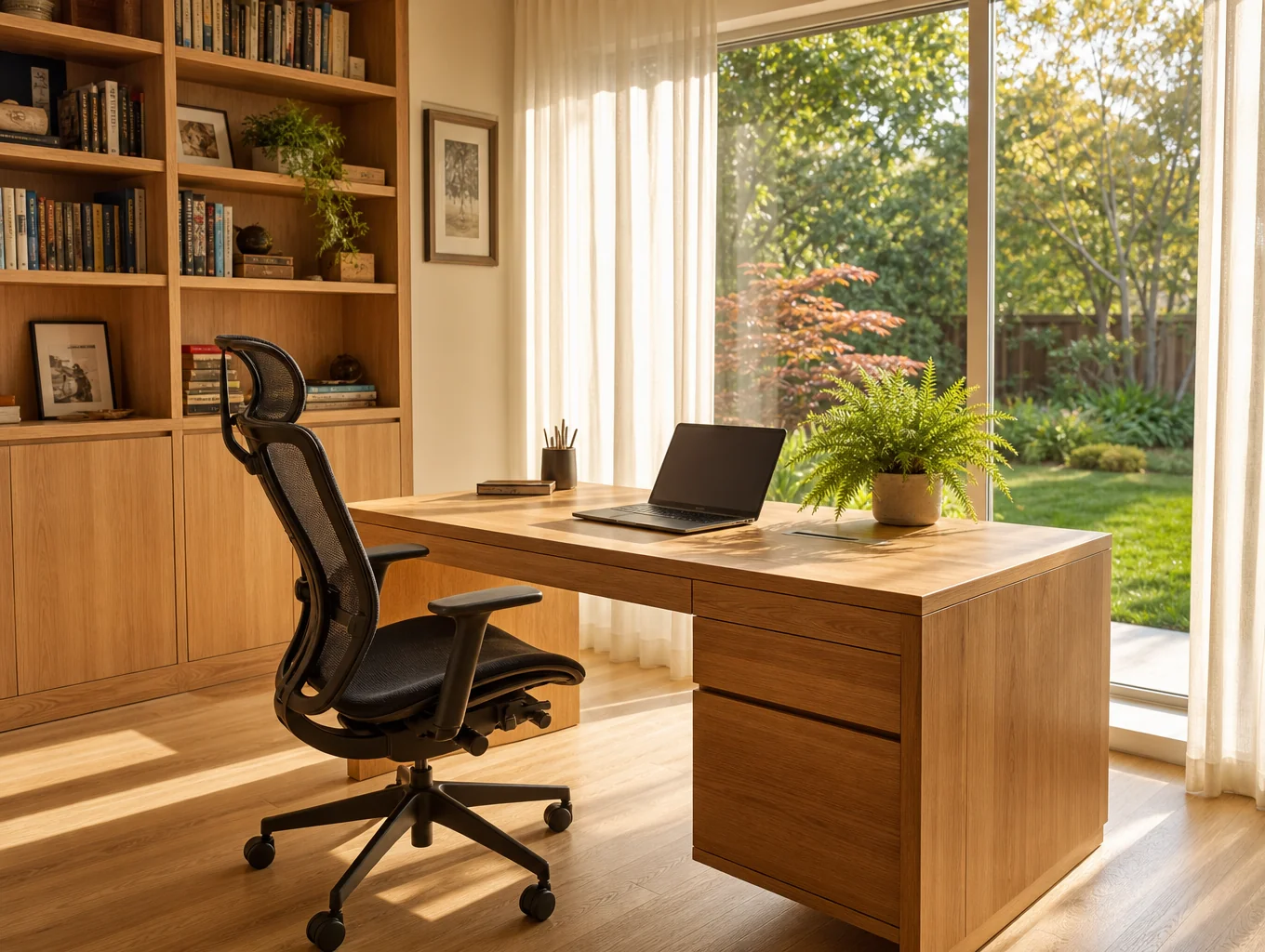 Built-in custom home office cabinetry with walnut accents and open shelving in Laguna Hills