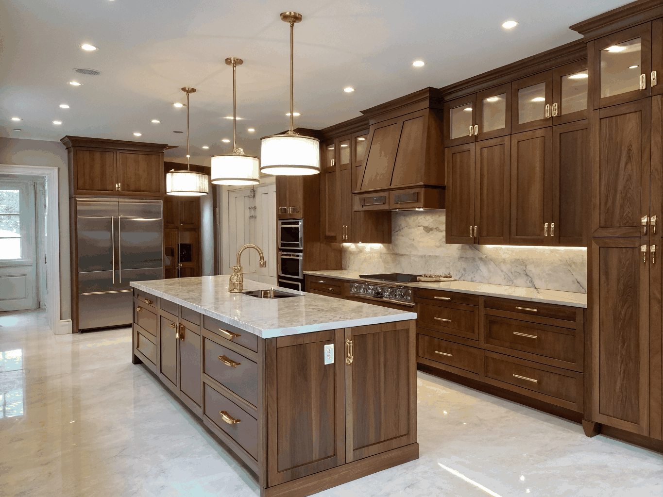 Modern custom kitchen cabinets with walnut accents and clean white finishes