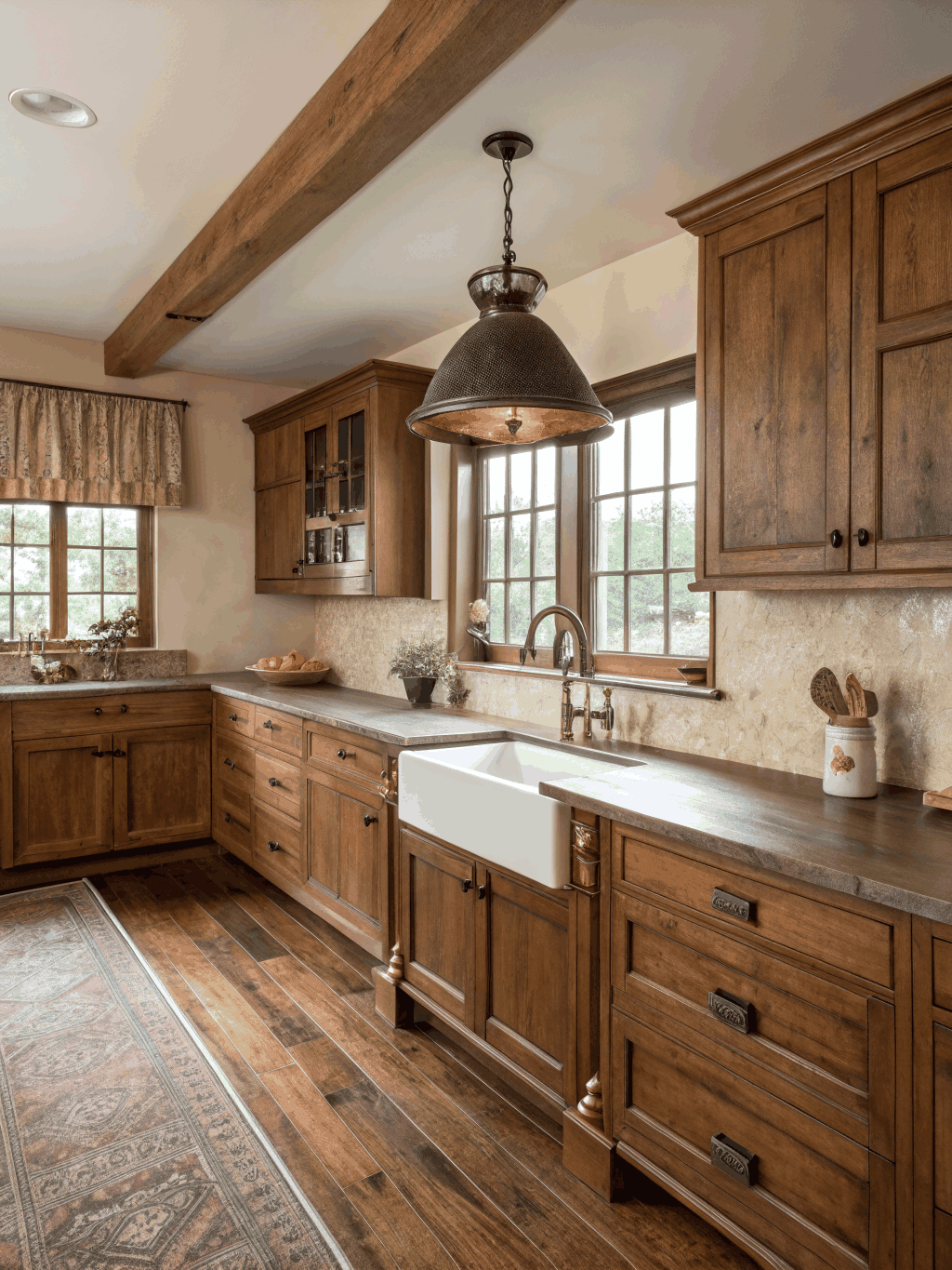 Custom charcoal kitchen cabinetry with brass hardware in a modern farmhouse home