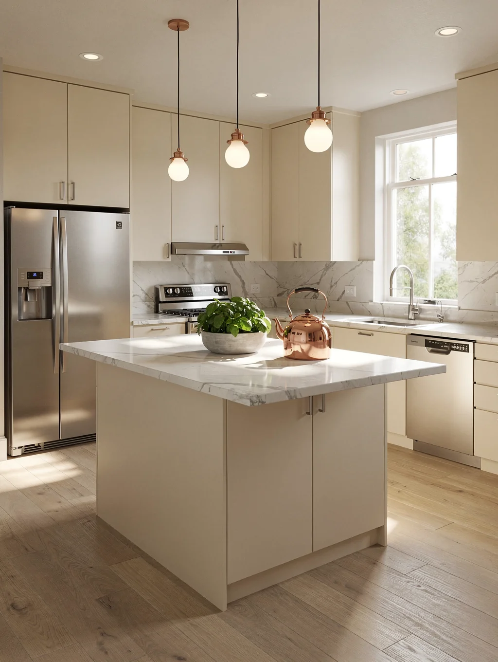 Sleek flat-panel walnut cabinets in a modern Irvine apartment kitchen