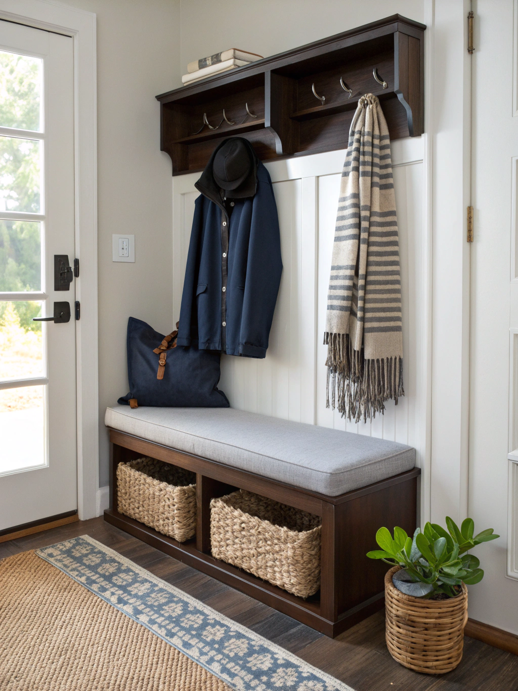 Functional mudroom cabinetry with bench seating and cubbies