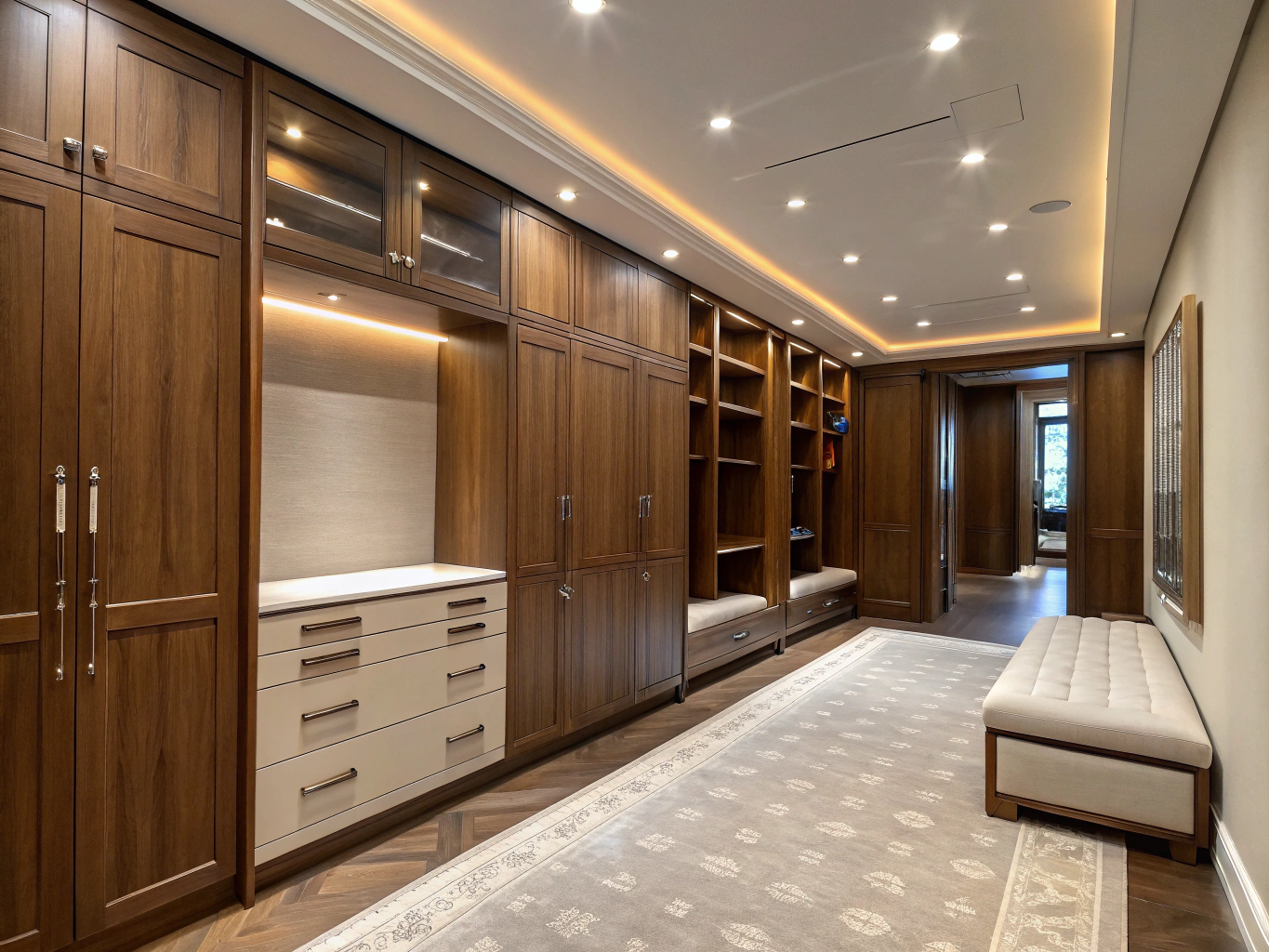 Organized custom walk-in closet with wood shelving