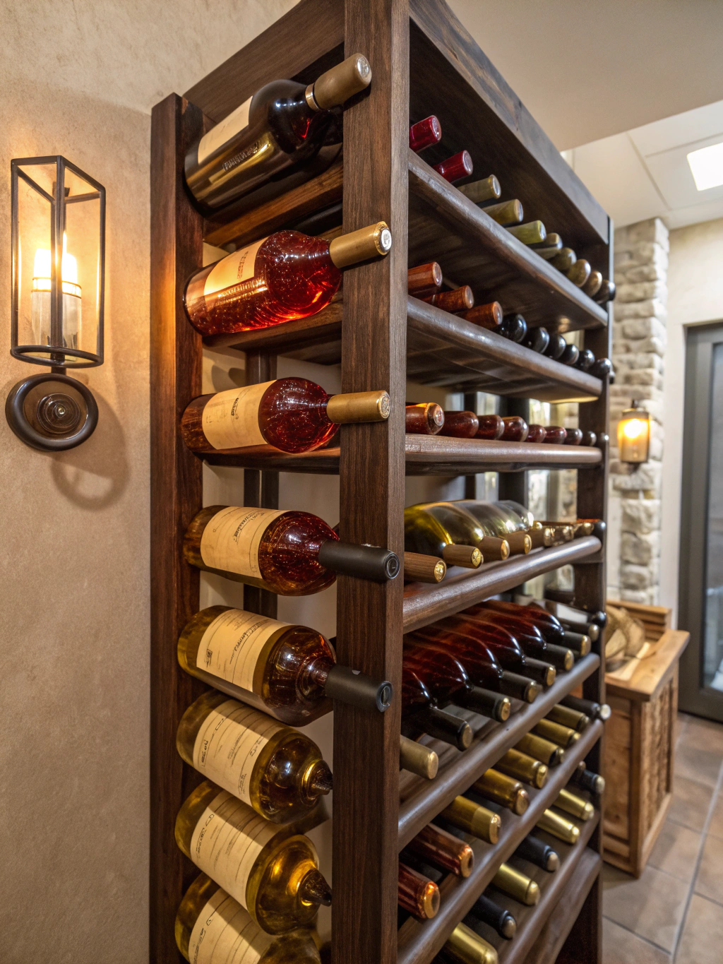 Custom walnut wine storage unit in dining area in Boynton Beach