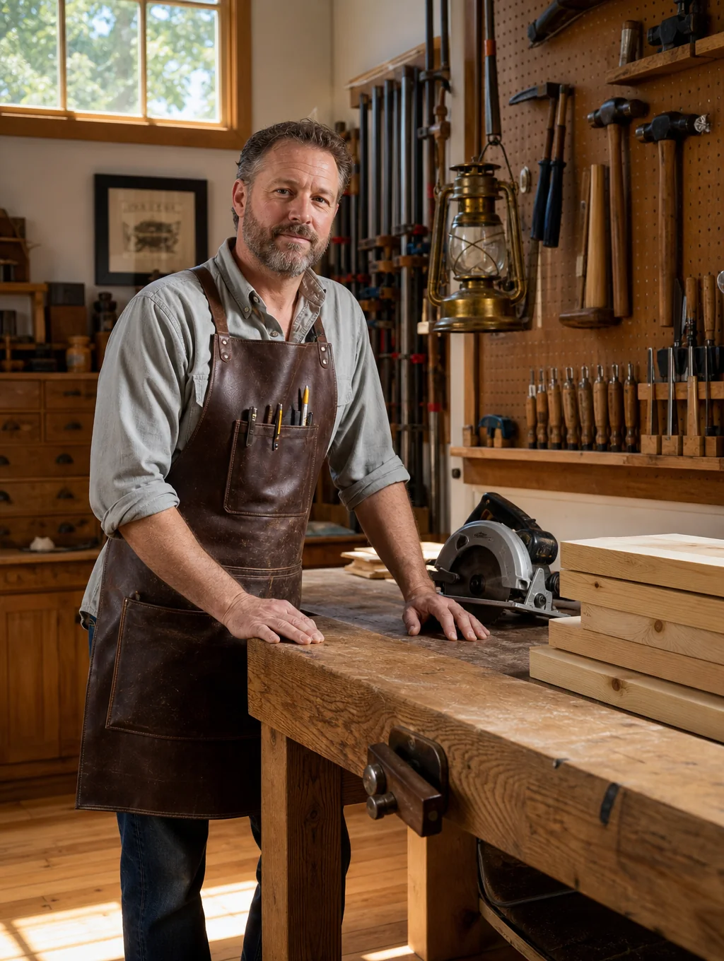 Original workshop setup with early hand tools and wood stock