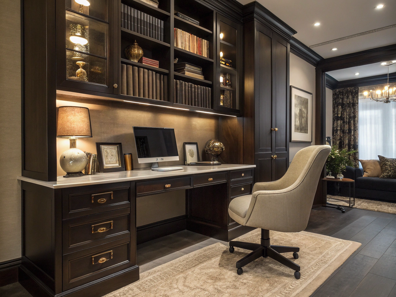Custom wooden library bookshelves and study millwork
