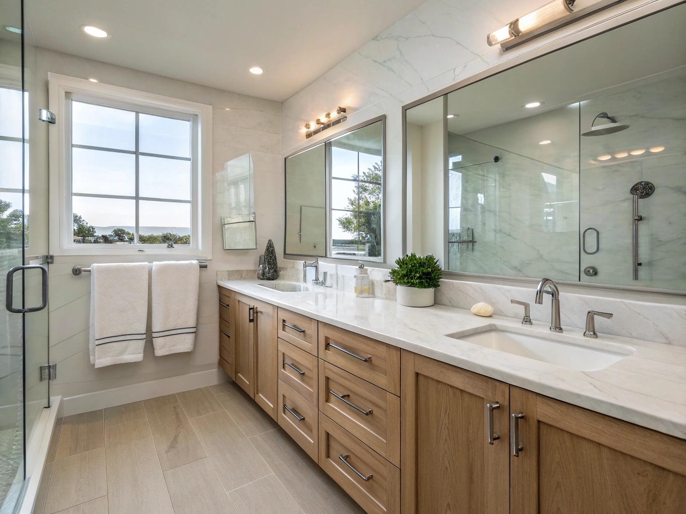Floating white oak bathroom vanity with modern fixtures