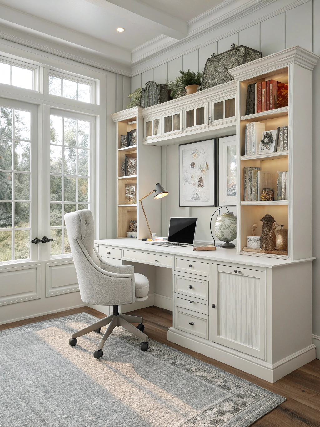 Custom home office desk and cabinetry in light oak finish