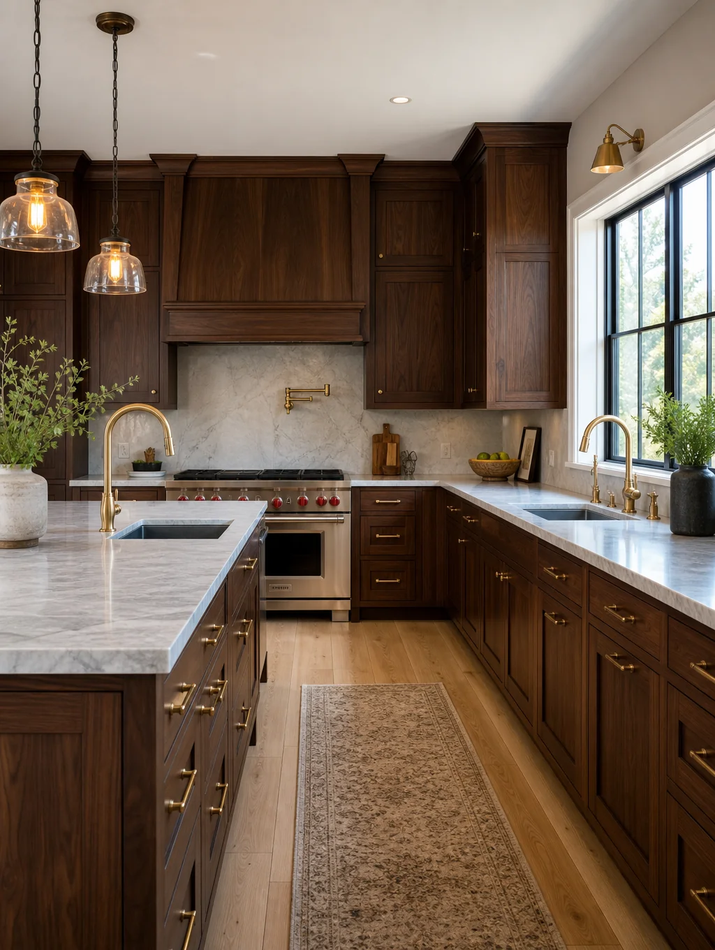 Modern custom kitchen cabinets with clean lines and walnut accents