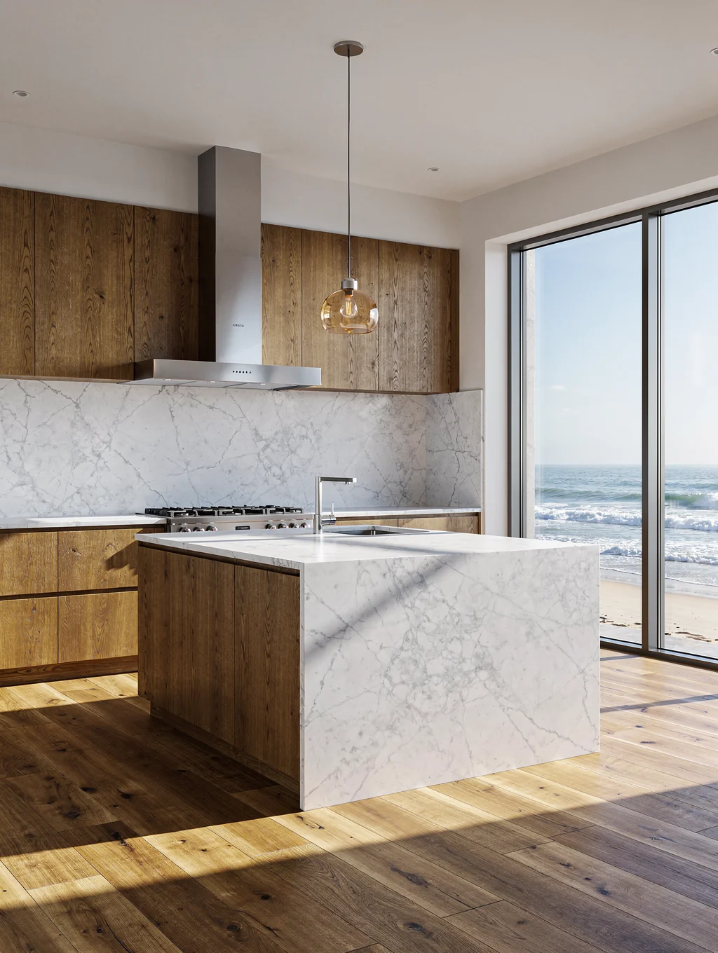Navy blue custom kitchen cabinetry with brass hardware in a coastal residence