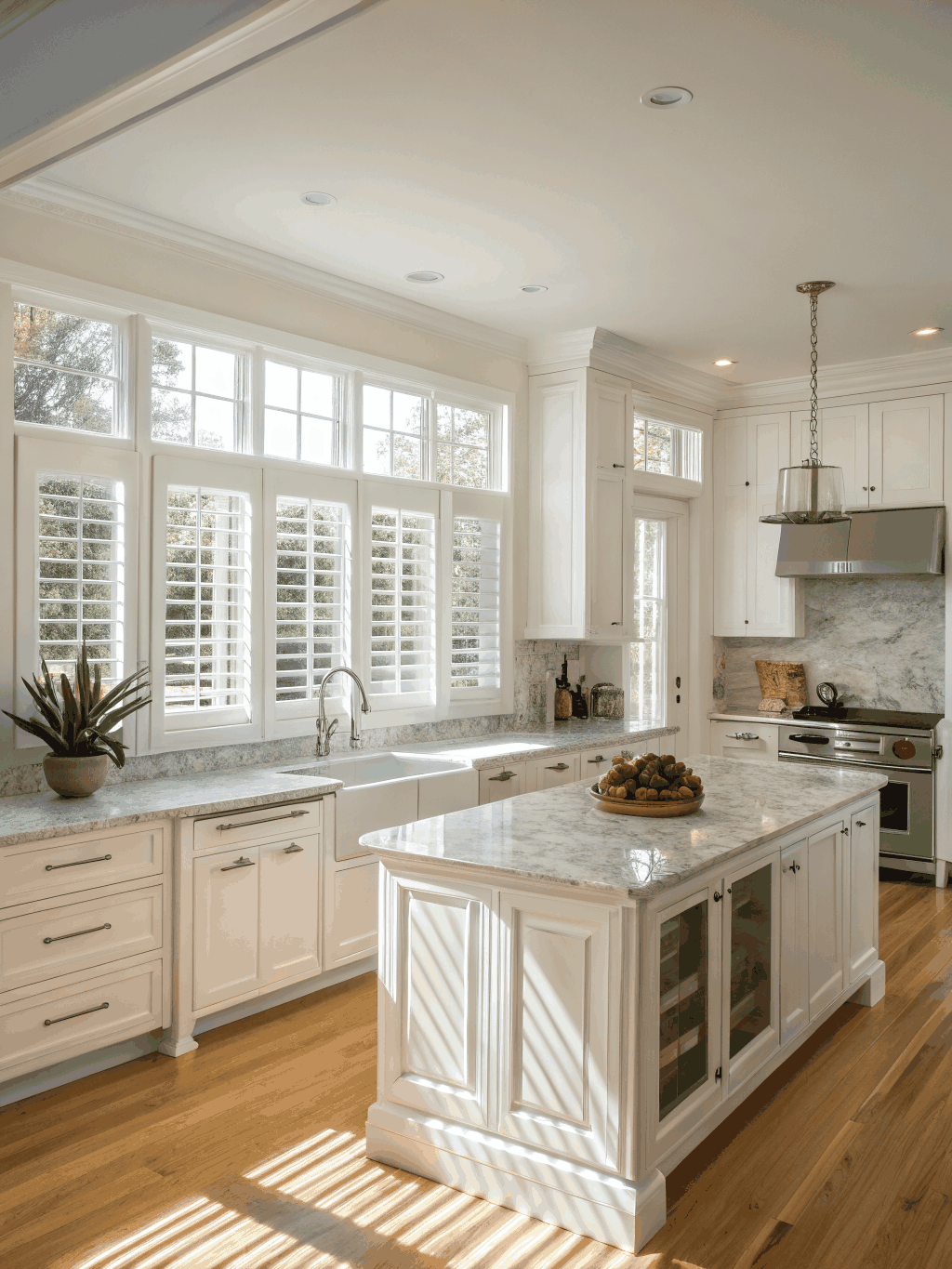 Custom white shaker cabinets with walnut accents in a bright Newport Beach kitchen