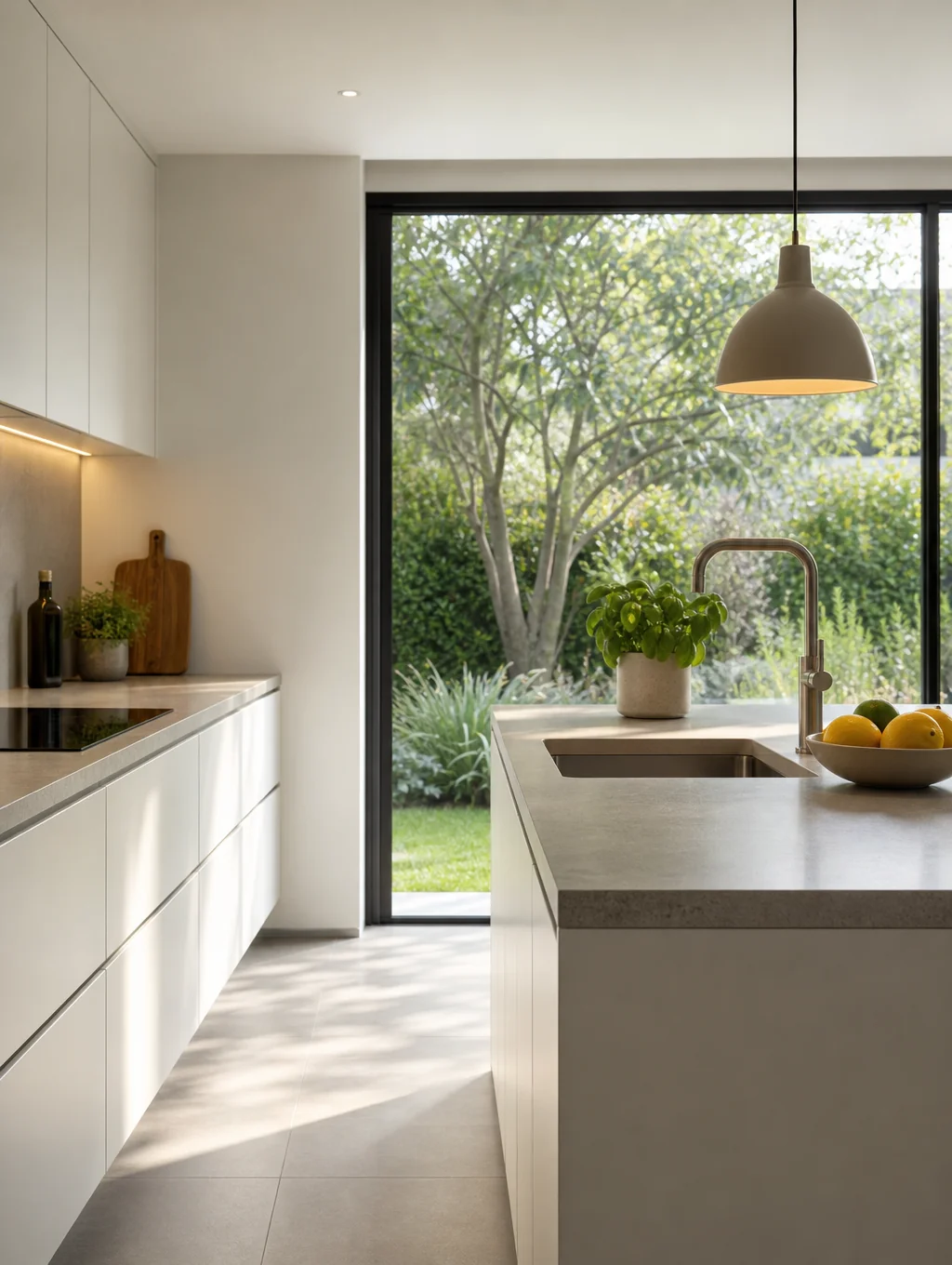 Bright kitchen with custom white cabinets