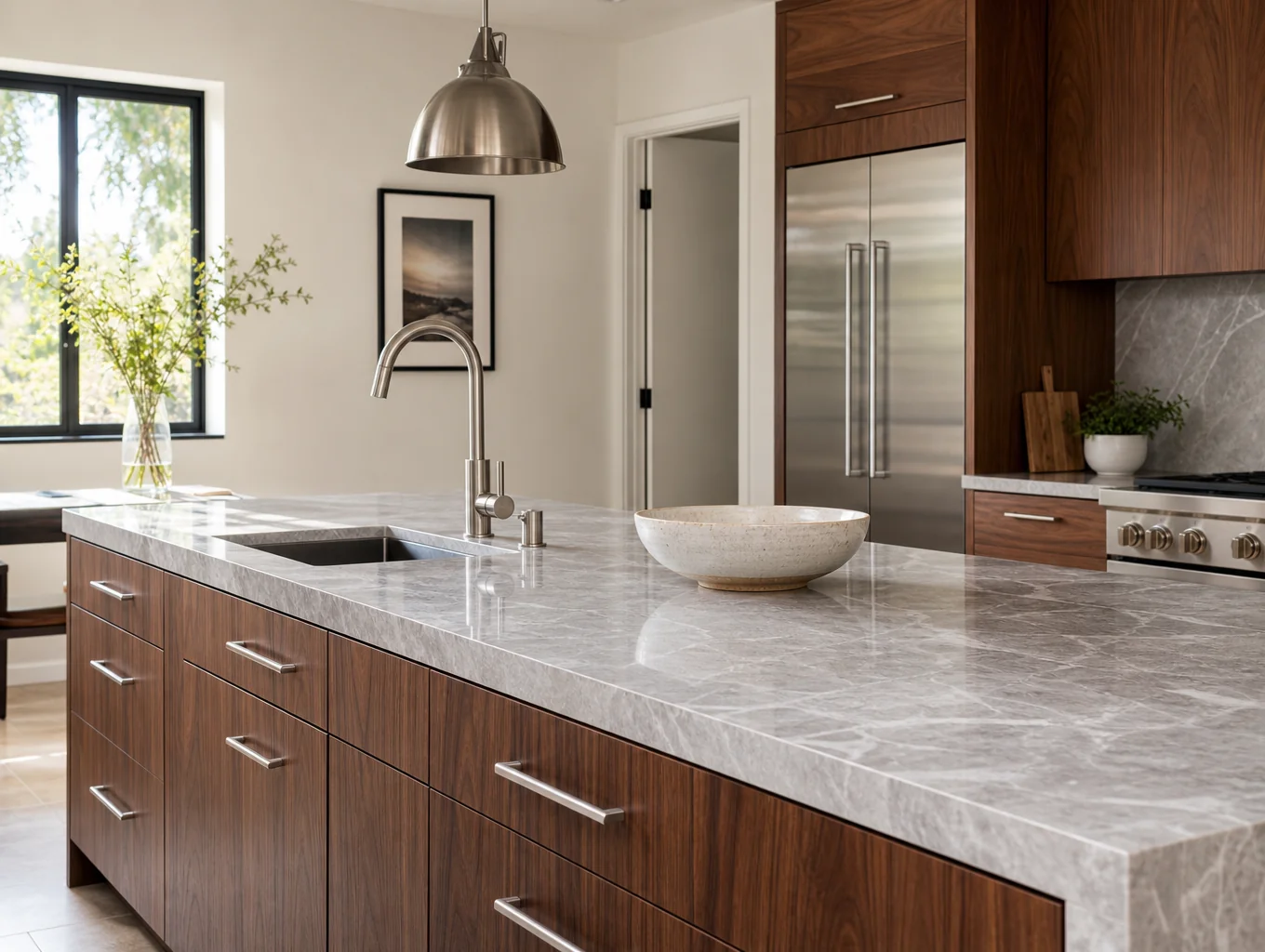 Transitional kitchen design featuring a custom walnut island