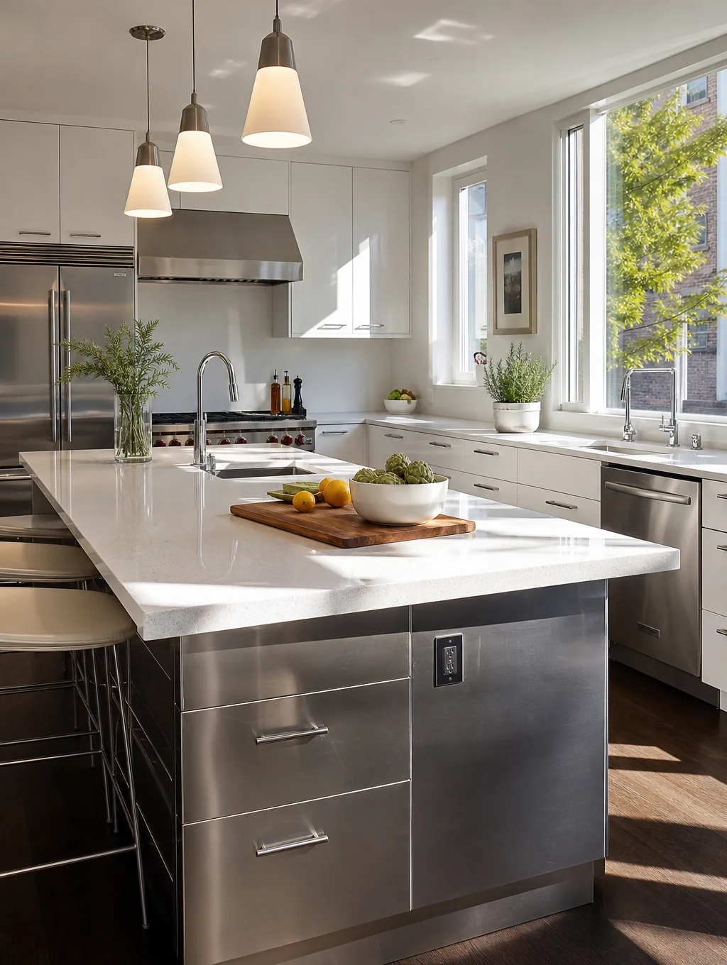 Large kitchen island with custom cabinetry