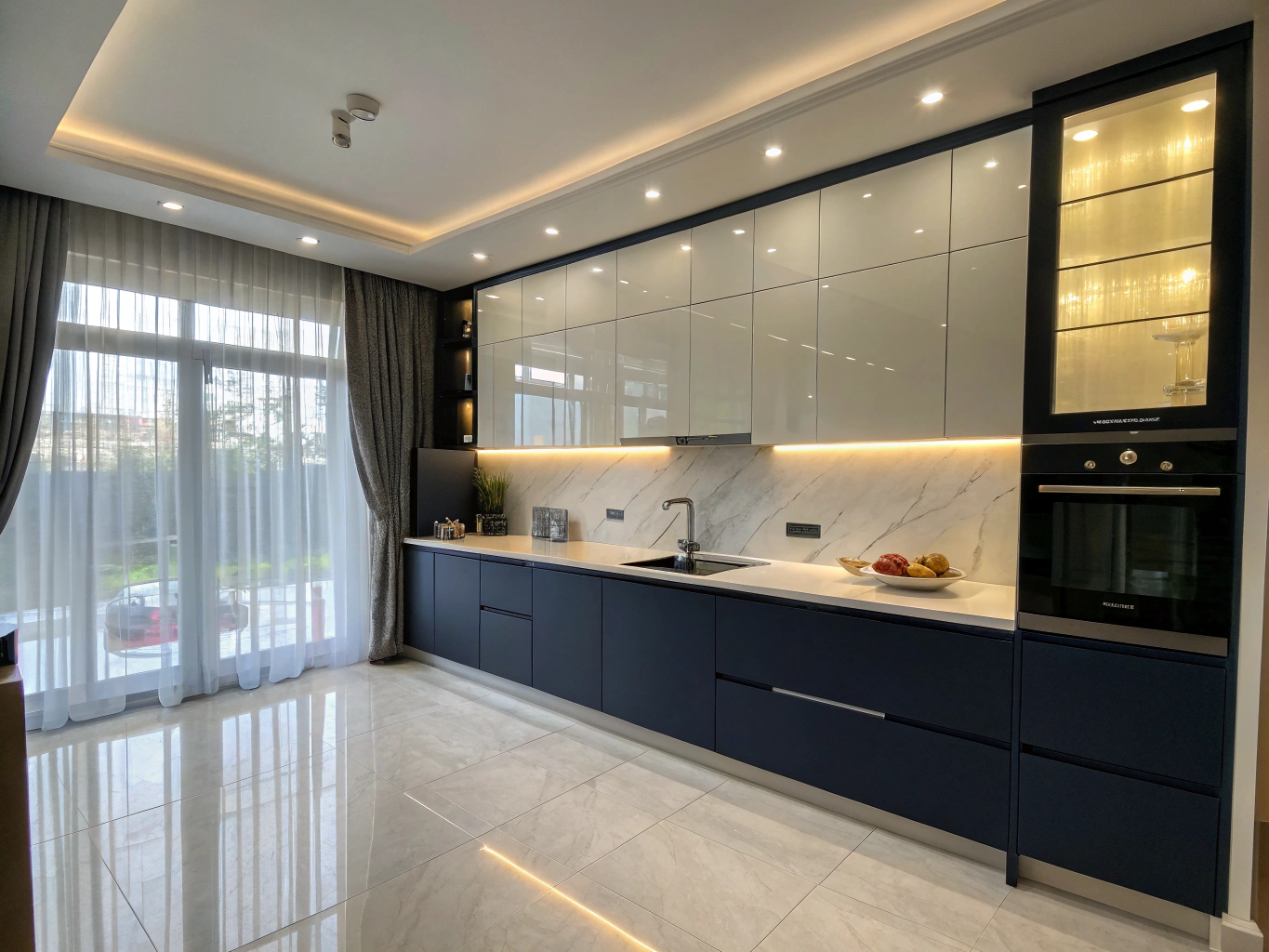Modern matte navy kitchen cabinetry with brass hardware in Delray Beach