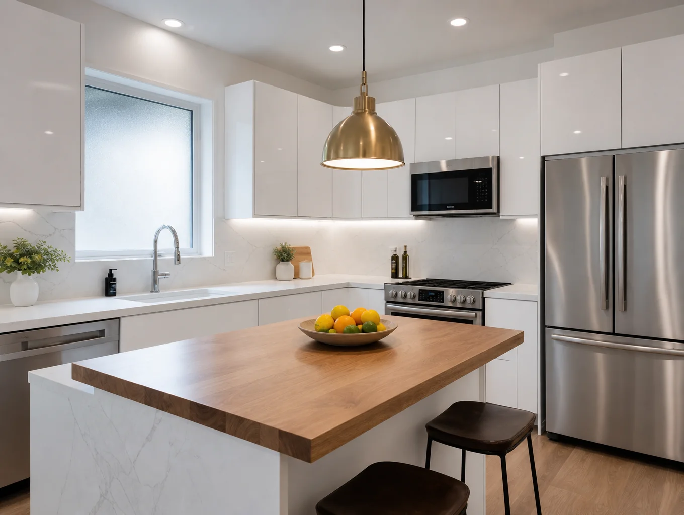 Bright white lacquer kitchen with large center island in Atlantis