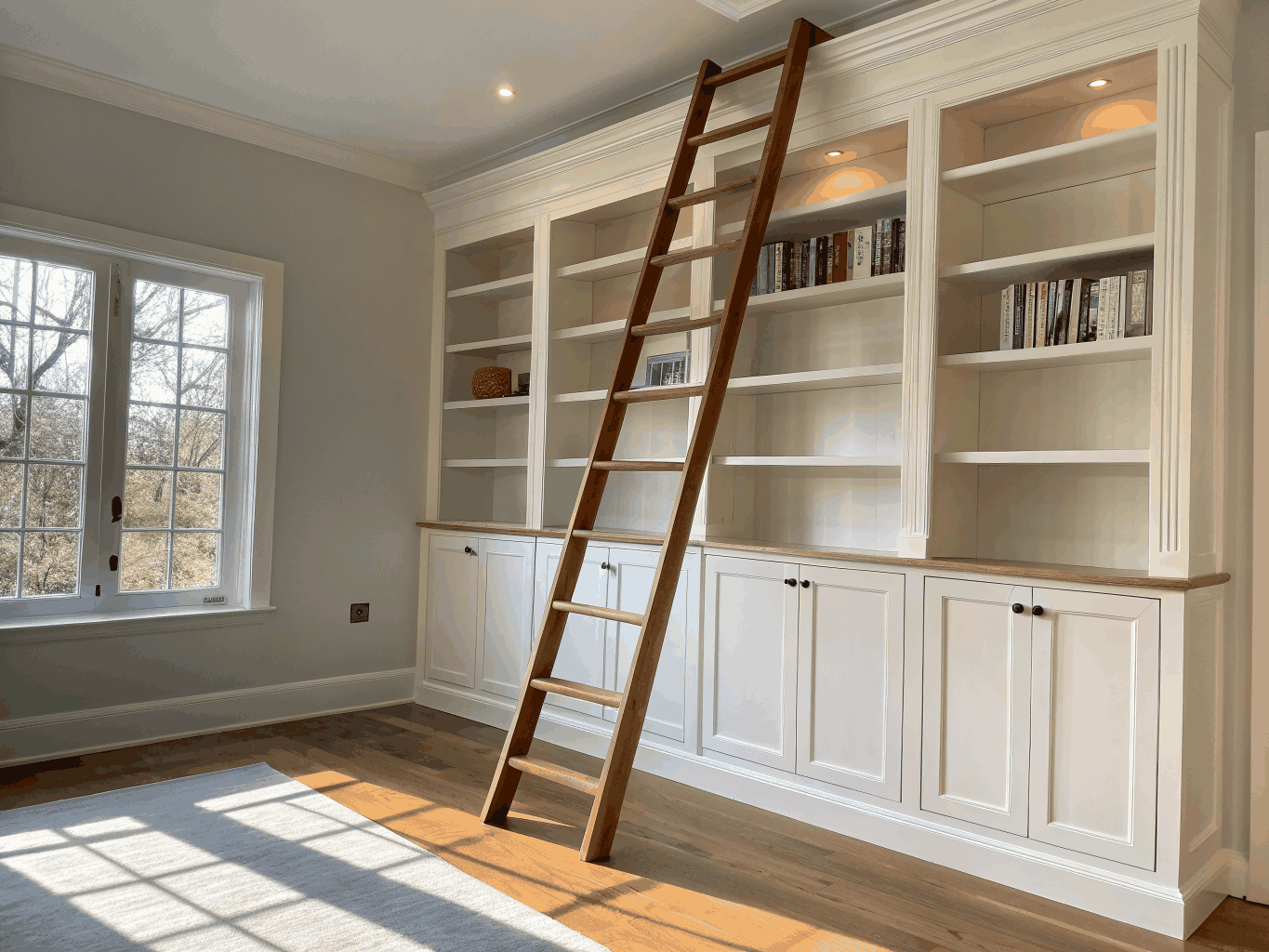 Floor to ceiling built in library with desk