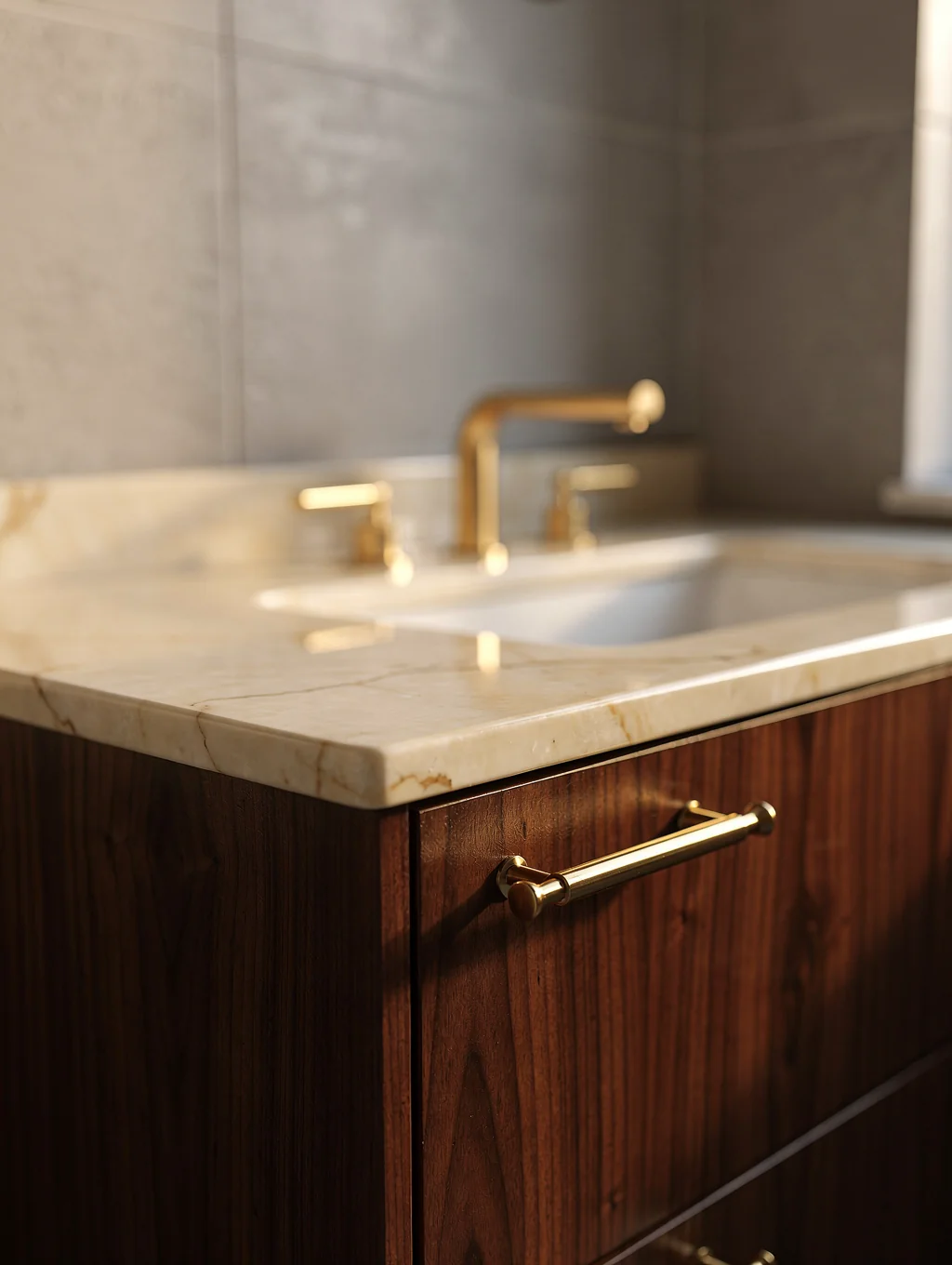 Custom walnut bathroom vanity with marble countertop in an Irvine residence