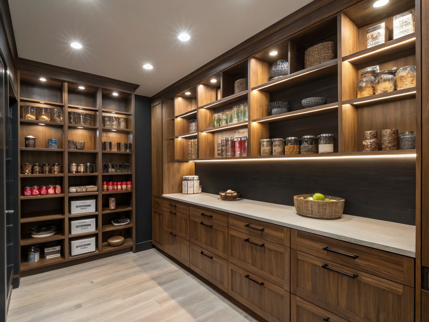 Custom organized walk-in pantry with birch shelving
