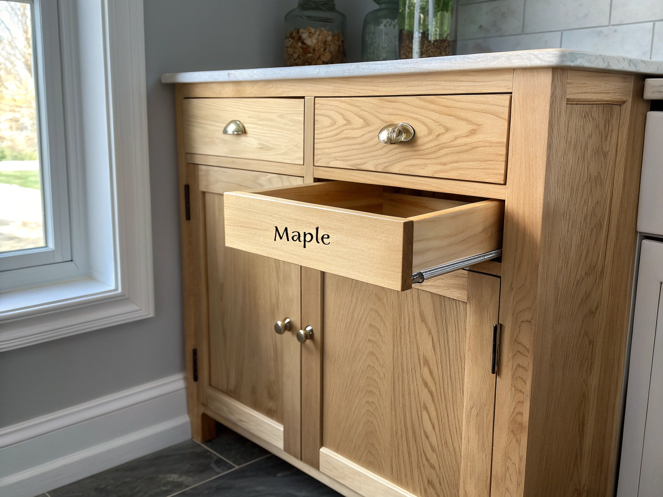 Custom maple hardwood cabinets installed in a modern kitchen