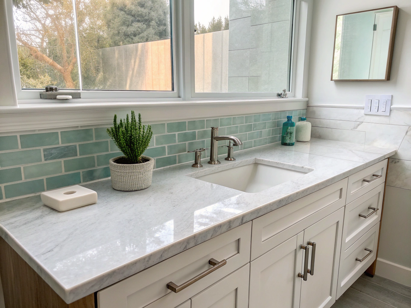Floating walnut bathroom vanity with marble countertop