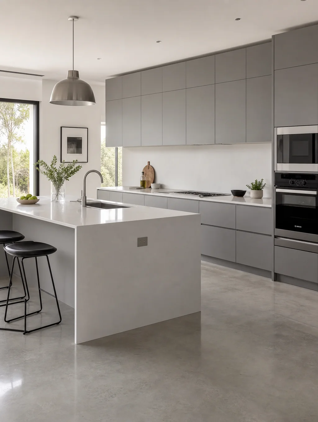 Sleek handleless kitchen cabinets in matte charcoal finish