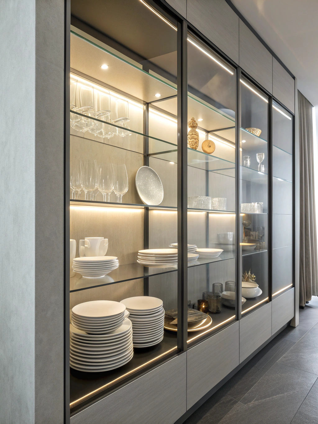 Integrated LED lighting inside custom glass-front display cabinets